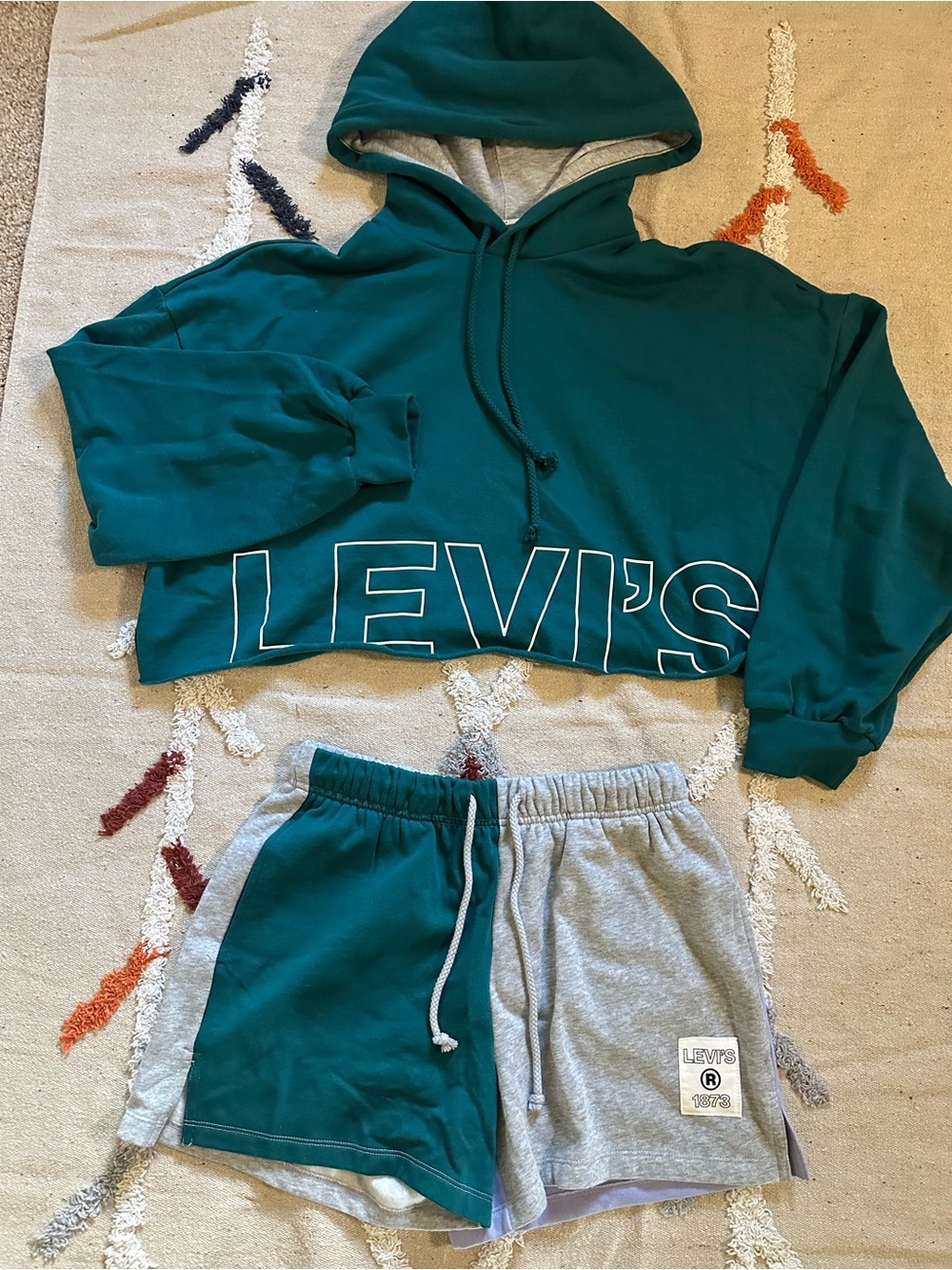 Levi's Teal Hooded Crop Sweatshirt with Teal and Light Gray Two-Tone Shorts